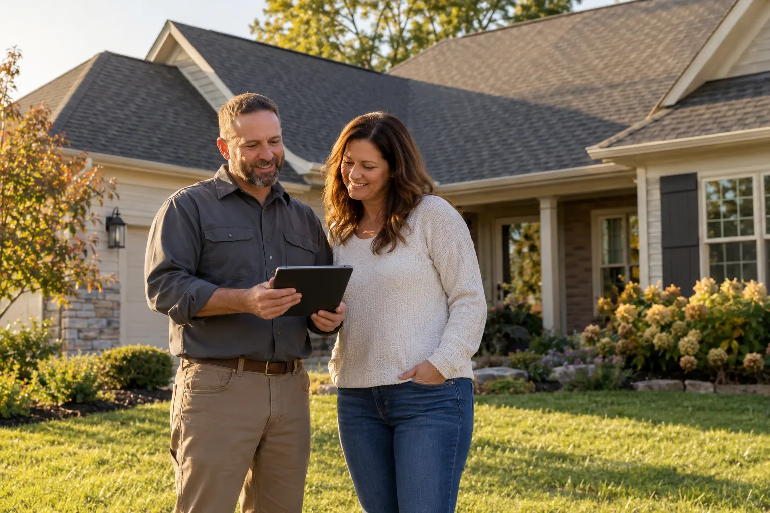 A homeowner reviewing a roof plan with a local provider in the Plant City area
