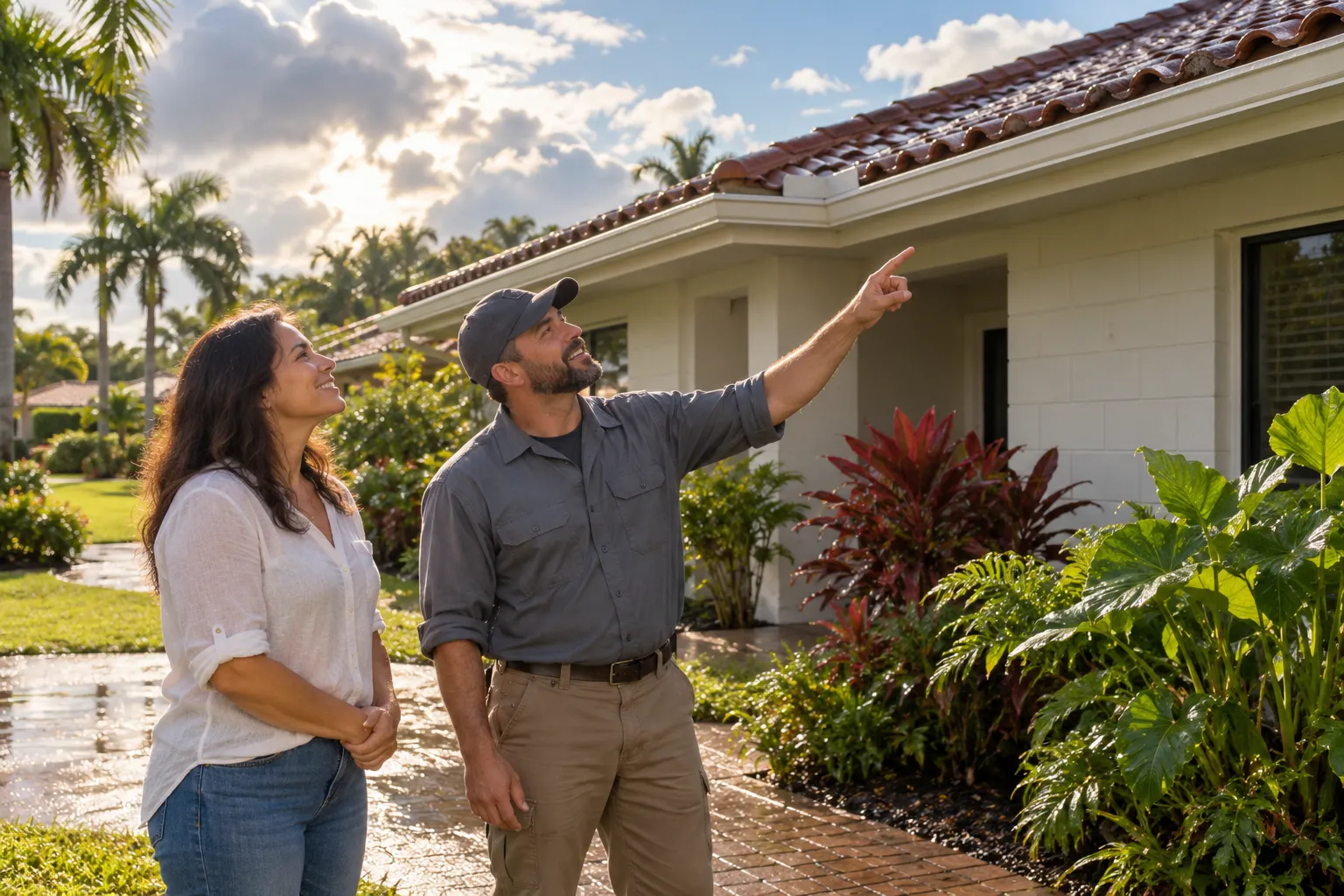 Homeowner and roofing provider looking up at a tile roof in the Plant City area after a summer storm